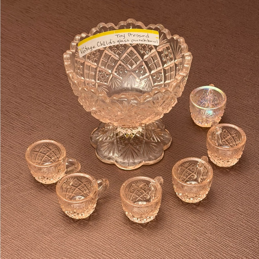 Vintage Mini Pressed Glass Pink Punch Bowl Set